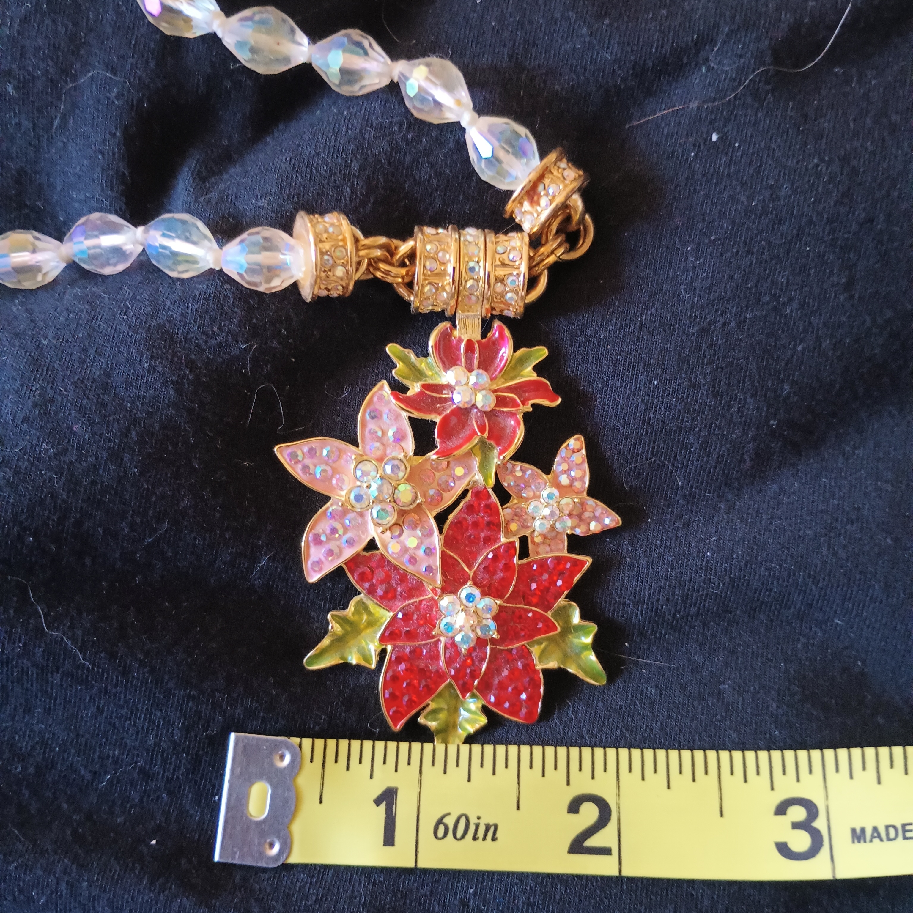 Holiday Poinsettia Pendant Necklace With Red And Gold Accents